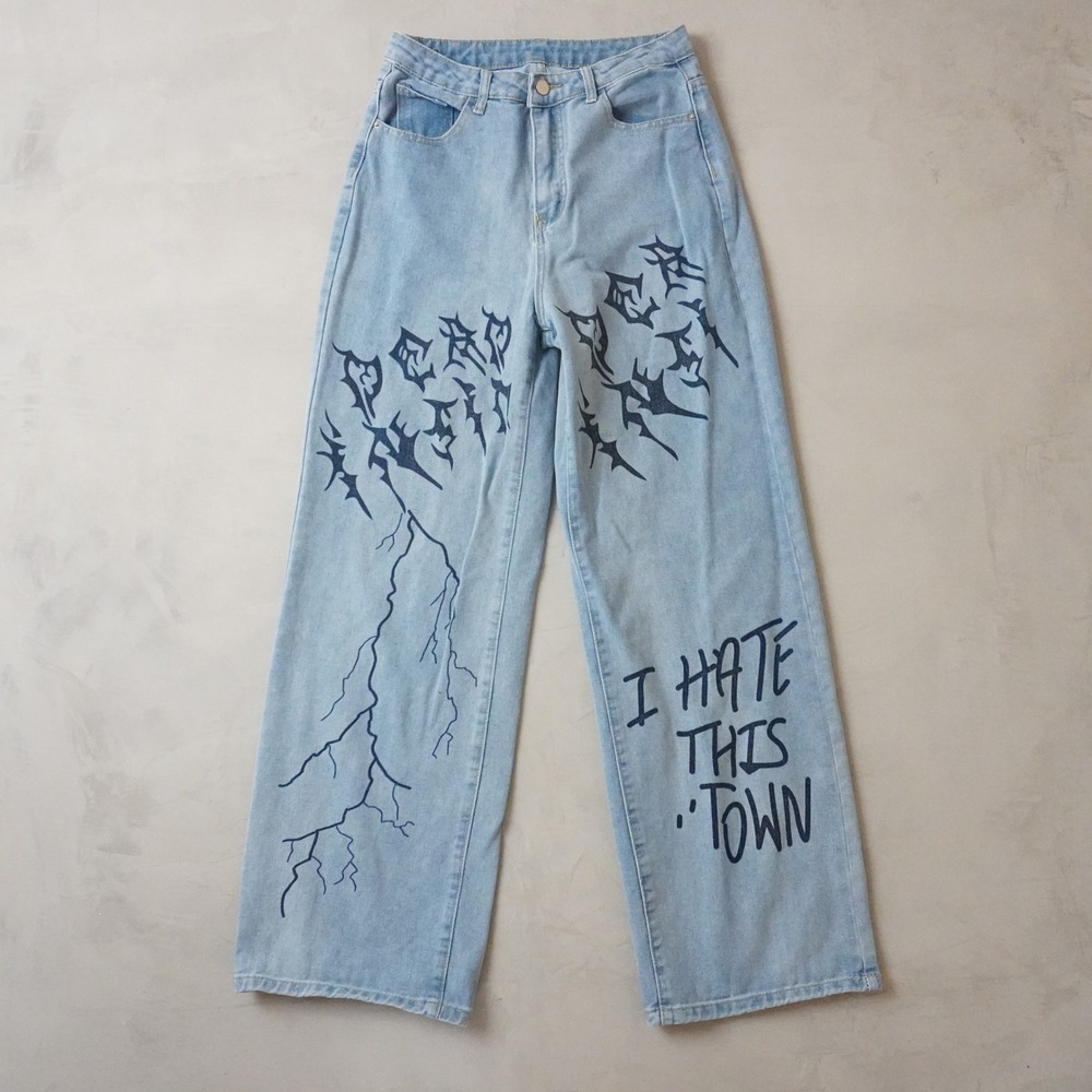 SHEIN Women Light Wash Wide Leg Graphic Jeans I Hate This Town Blue Size M Y2K